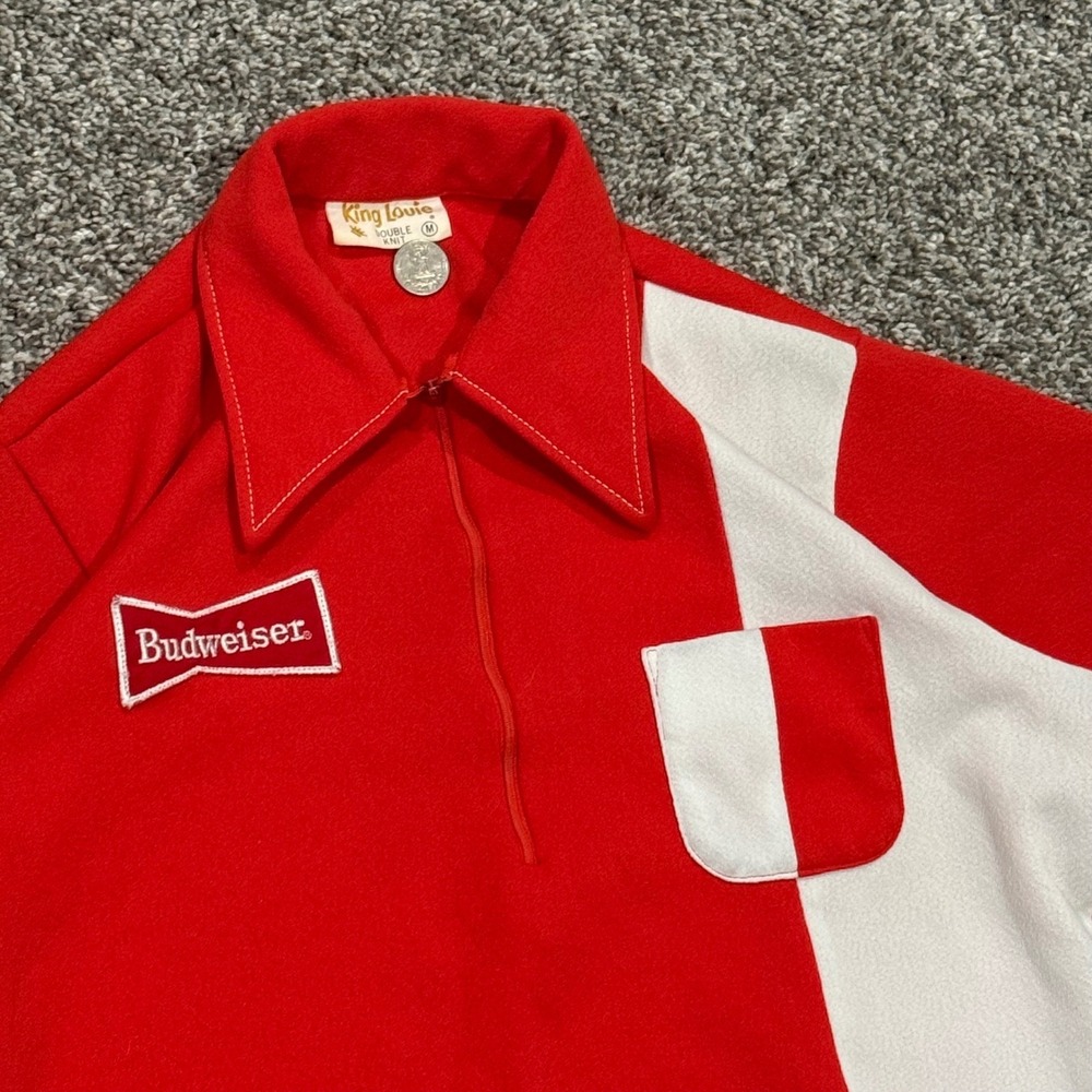 True Vintage‎ 70s King Louie Budweiser Beer Double Knit Polo Shirt Mens M Red